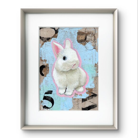 Lucky Bunny Art Print 5x7 – White Rabbit Wall Decor, Modern Animal Art, Unframed - Picture 2 of 4